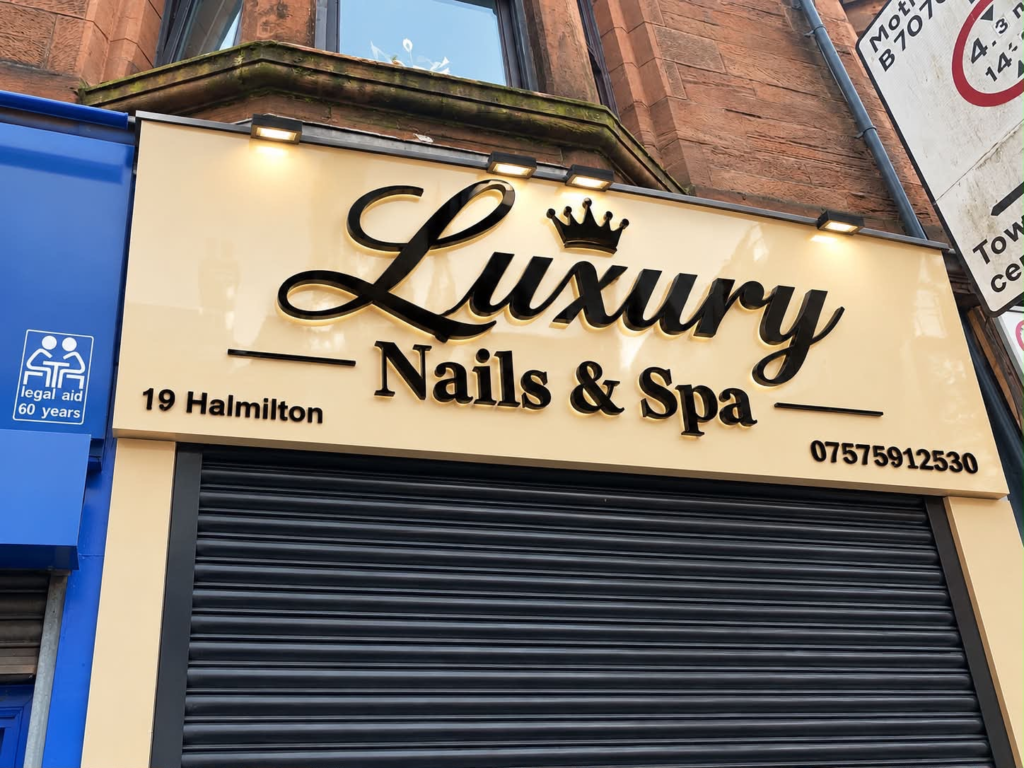 Luxury Nails & Spa shop sign on Hamilton Road in Bellshill